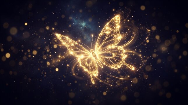 Golden butterfly sparkles in darkness. Glowing insect with light trails. Magical creature