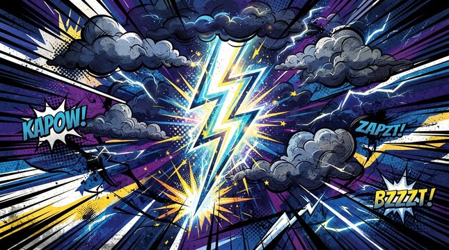 Vibrant comic book-style lightning bolts. Electric storm background with dynamic effects. Dramatic illustration for creative projects.