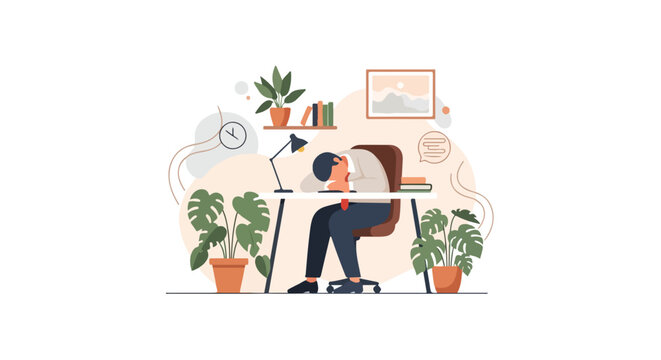 This flat vector illustration depicts an exhausted office worker slumped over his desk amidst indoor plants, suggesting burnout or deep fatigue.