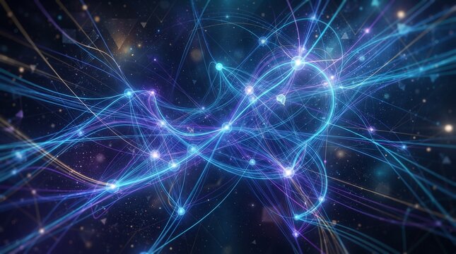 Abstract glowing network connections. Digital web with neon lines and lights. Futuristic technology background.