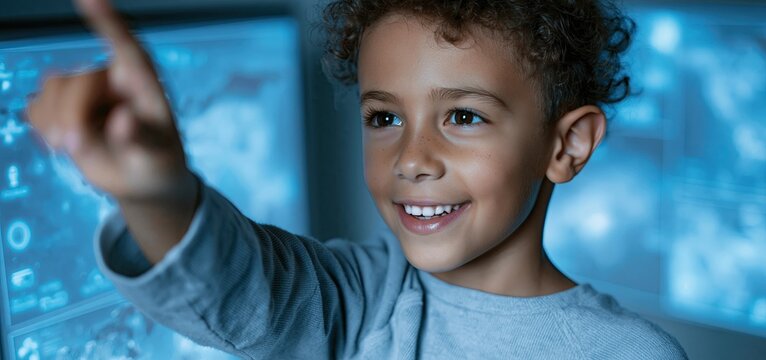 A child interacts with illuminated AR maps and icons in a futuristic scene promoting missing children safety.