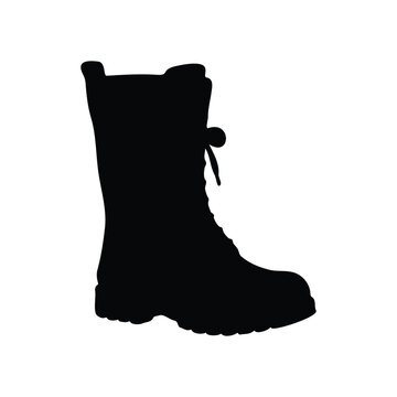 Black silhouette illustrates a classic military combat boot with detailed rugged soles icon vector flat design.