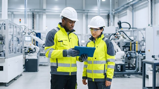 Diverse professional engineers using digital tablet to monitor automated robotic machinery in modern manufacturing plant industrial technology concept