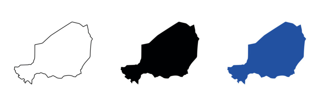 Outline and filled map silhouettes of the country of Niger