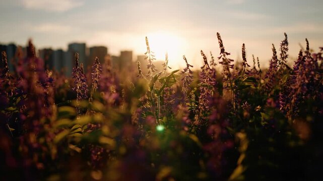 Stunning purple wildflowers gently swaying in the breeze against the warm, golden glow of a setting sun, with a blurred city skyline creating a beautiful and atmospheric backdrop