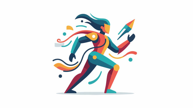Futuristic figure in motion with abstract shapes and rocket