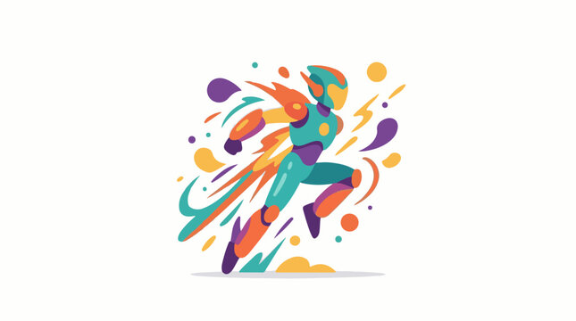 Colorful robotic figure in dynamic motion with abstract elements