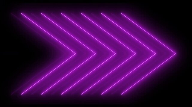 Brightly colored glowing neon arrows, arrow symbols moving from left to right, a concept of a looping arrow animation in a right direction, and a loading arrow icon concept.