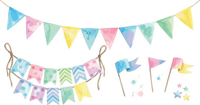 Watercolor Pastel Party Bunting Garland and Birthday Flags Set for Festive Celebrations Baby Showers Weddings Cards and Invitation Decorative Vector Designs