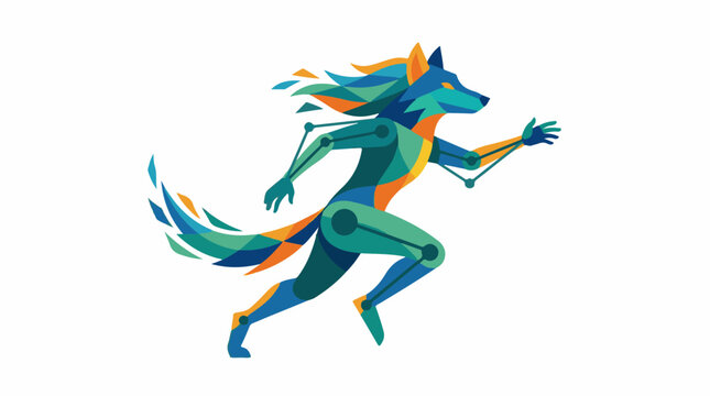 Abstract geometric canine running with dynamic colorful fragmented tail