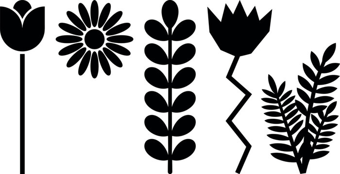 Minimalist Geometric Flower and Leaf Silhouette Vector Set with Tulip Daisy Botanical Branch and Fern Elements for Modern Floral Logo Designs