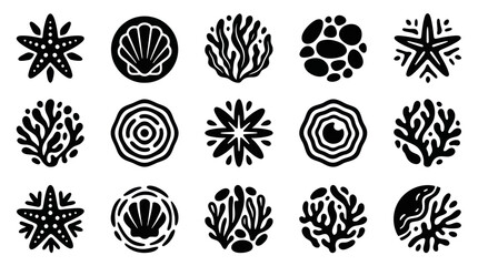 Black and white collection of various marine life and coral reef elements. © Yuni
