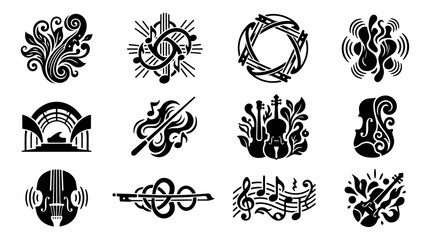 Collection of abstract musical instrument and note designs in black and white. © Yuni