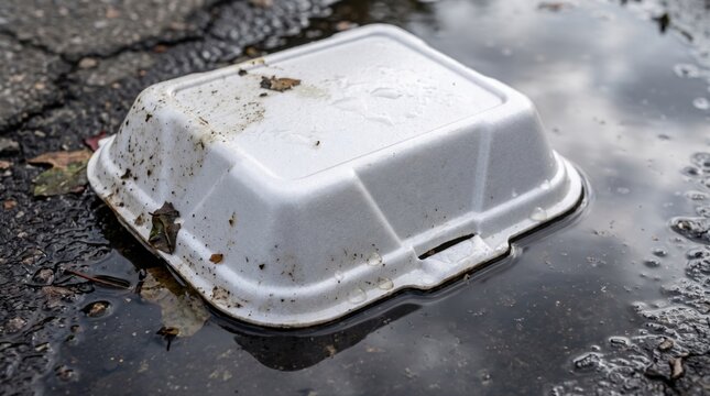 Discarded Styrofoam Container Floating in a Dirty Puddle.