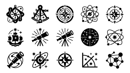 Collection of astronomy and navigation themed icons in black and white. © Yuni