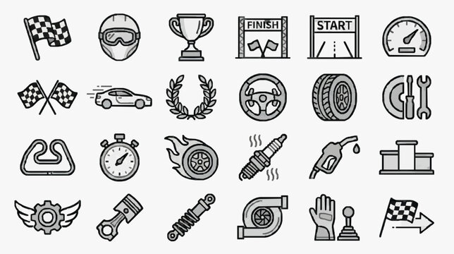 Industrial Black and White Line Icons Set Featuring Racing Automotive Tools and Engine Parts with high quality professional line art symbols for modern creative design and digital branding projects