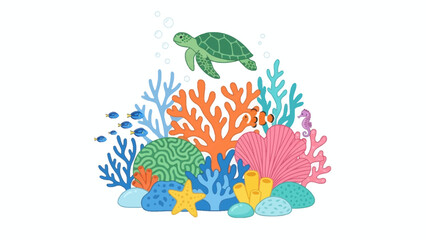 Obraz premium Vibrant Underwater Coral Reef Scene with Colorful Corals and a Green Sea Turtle.