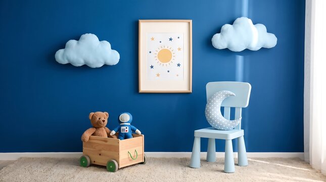 Cozy childrens room interior with blue wall, wooden toy box with teddy bear and astronaut doll, and a small chair with a moonshaped pillow