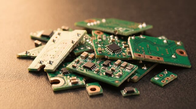 Close-up of a pile of small green circuit boards with various electronic components on a dark surface, representing technology and e-waste.