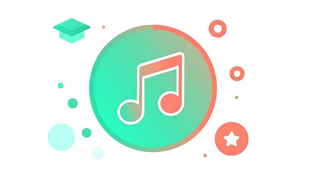 Music note icon on a colorful gradient background with floating shapes.