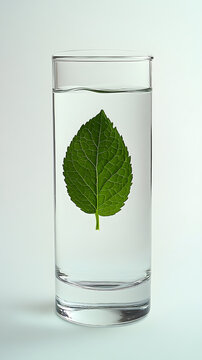 Glass of clear water contains a single green leaf floating perfectly in the center of the vessel.