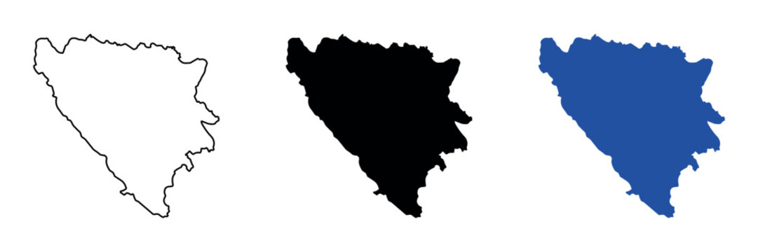 Outline map of Bosnia and Herzegovina in three styles: outline, solid black, and solid blue