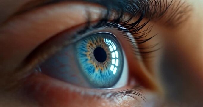 Extreme close up macro shot of a vibrant blue human eye with detailed iris texture.