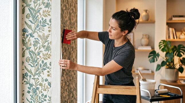 Woman hanging wallpaper, smoothing decorative strips with tool, ensuring flawless finish. She carefully applies patterned wall covering, expertly hanging wallpaper in bright interior.