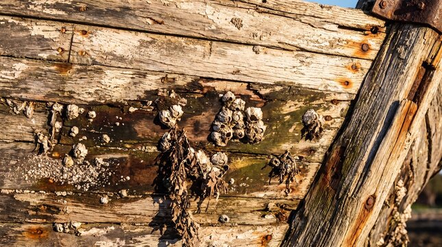 Weathered wooden boat hull with barnacles and seaweed texture background