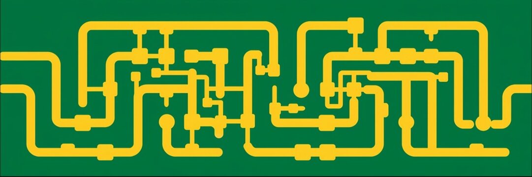 Modern abstract maze design with glowing yellow circuitry on dark green background