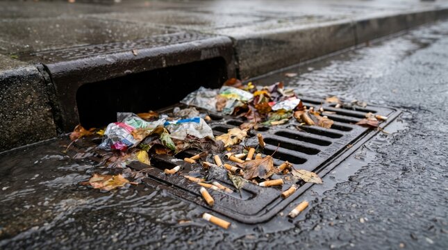 Urban street drain clogged with trash, leaves, and cigarette butts after rain, highlighting pollution and environmental neglect.