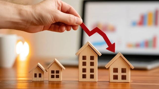 Hand holding red arrow pointing downwards over wooden miniature house models symbolizing property market decline and real estate investment drop concept