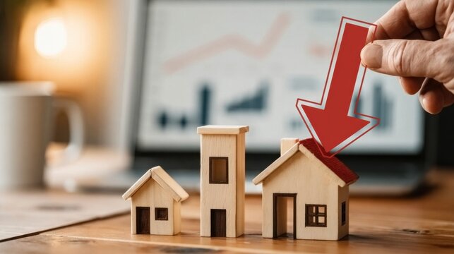 Hand holding a red downward arrow above wooden miniature house models representing real estate market decline and falling property values with blurred graph background