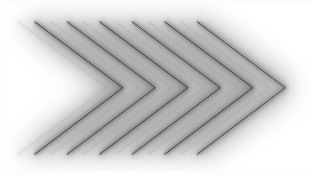 A glowing black and white neon arrow; an arrow symbol moving from left to right; a concept of a repeating arrow animation in the right direction; and an arrow icon concept indicating loading.