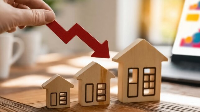 Hand holding red arrow pointing downwards above wooden miniature house models symbolizing real estate market decline and property value decrease in economic downturn