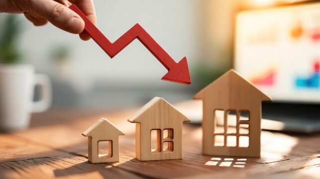Hand holding red arrow pointing downward over wooden house models representing real estate market decline and housing price drop concept on table