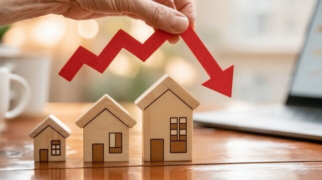 Hand holding red arrow trending downward above wooden house model showing real estate market decline financial loss concept