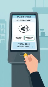 Customer Inserting Coin into Payment Kiosk for Transaction.