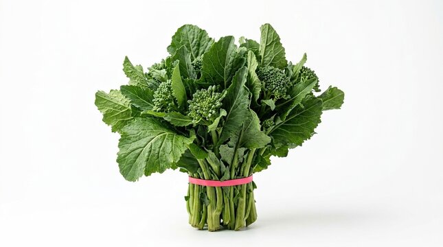 Fresh Organic Broccolini Bunch Tied With Red Rubber Band Isolated On White Background Studio Shot For Healthy Diet Concept And Gourmet Ingredient Photography With Natural Green Vegetable Textures