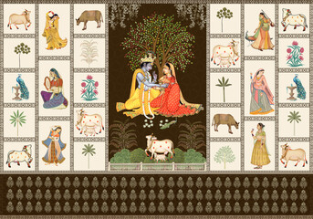 Radha Krishna Pichwai Garden Wallpaper   Traditional Indian Heritage Tree of Life Wall Mural © SWAPNA