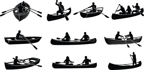 Rowing and Paddling Silhouette Illustrations of Canoes, Rowboats, and Small Watercraft © MstRezoara