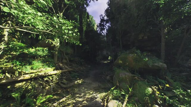 rocky creek approach with scattered boulders, shallow streambed and pebbled banks, flowing water hints and cool splash, perfect for hiking, fishing, geology