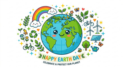 Naklejka premium Happy Earth Day illustration with a cute planet surrounded by nature renewable energy symbols and a rainbow celebrating environmental protectio
