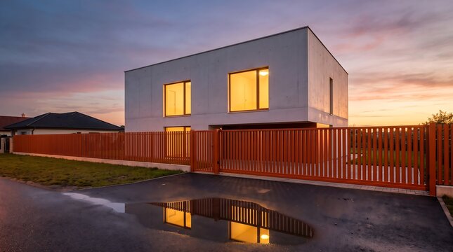 Modern minimalist concrete house with orange vertical slat fence at sunset