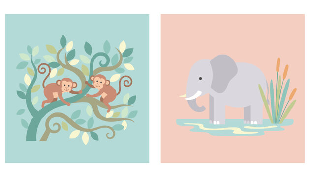 Two panels for children show two monkeys playing in green trees and an elephant standing in a pond with reeds on pink and blue backgrounds.