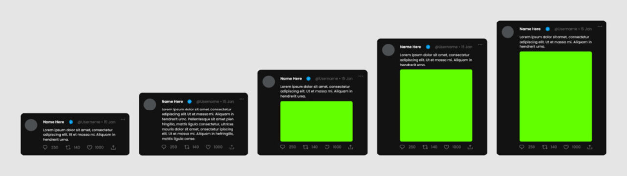 X / Twitter post or tweet template mockup new UI. different post sizes and modes, text and image variants.