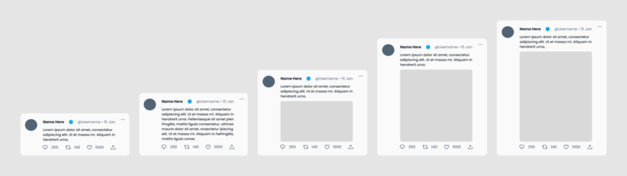 X / Twitter post or tweet template mockup new UI. different post sizes and modes, text and image variants.