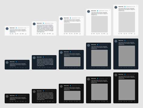 X / Twitter post or tweet template mockup new UI. different post sizes and modes, text and image variants.