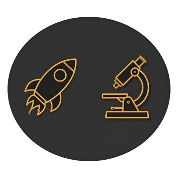 Minimalist rocket and microscope outline icons on dark circular background.