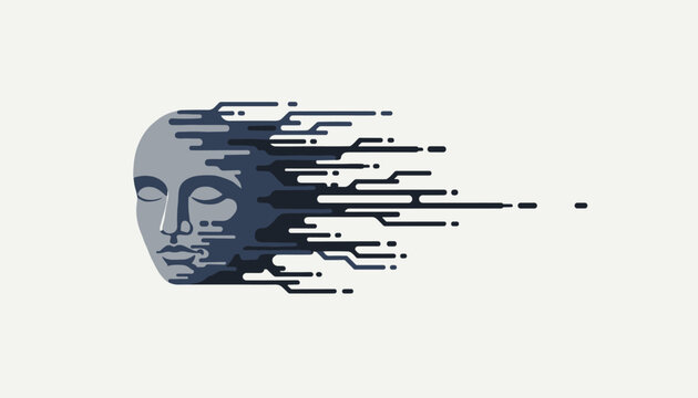 Abstract representation of a human face transitioning into digital lines and dots symbolizing artificial intelligence.